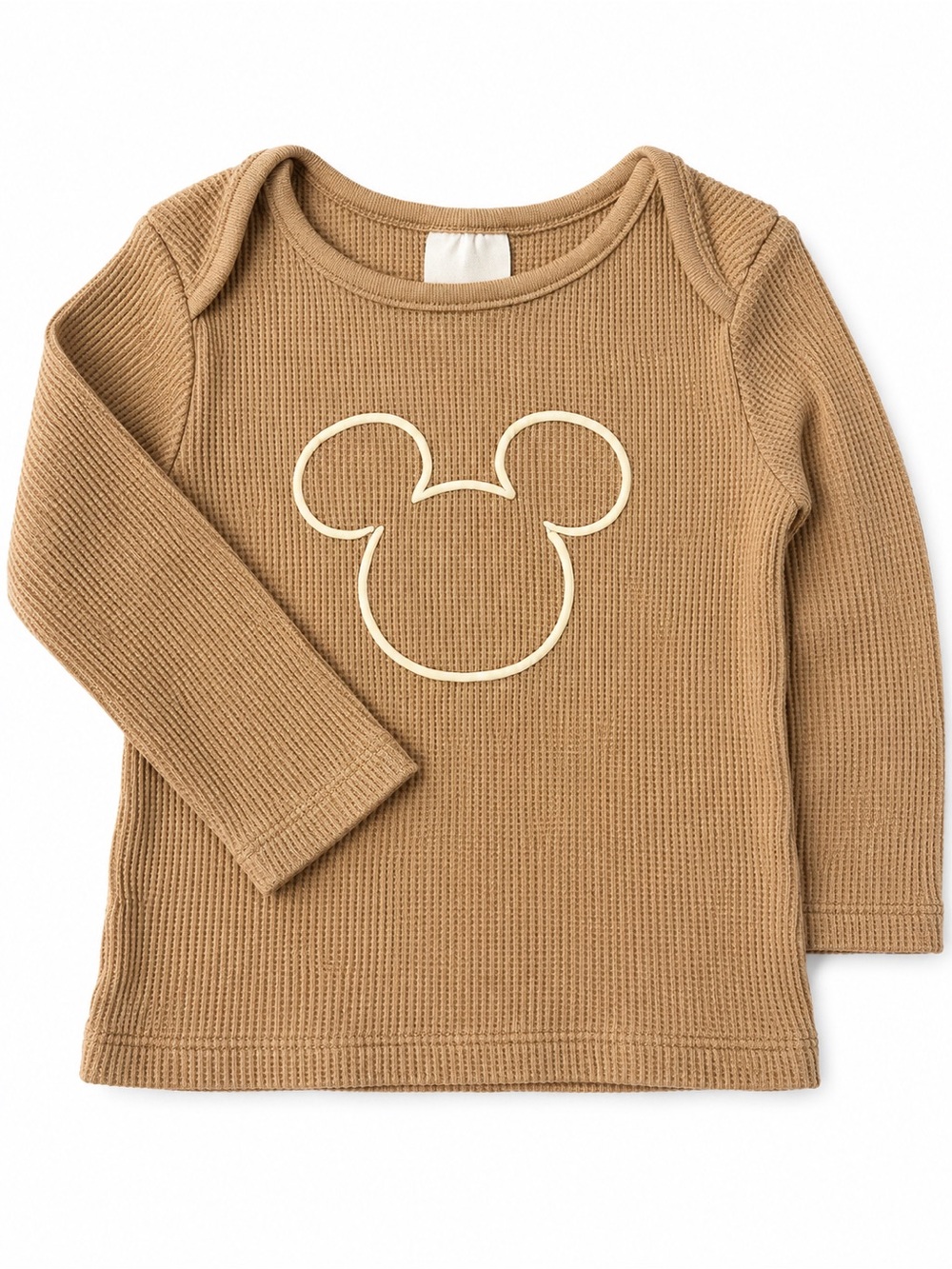 Disney Long-Sleeve Waffle Top with Cream Mickey Outline — Tan